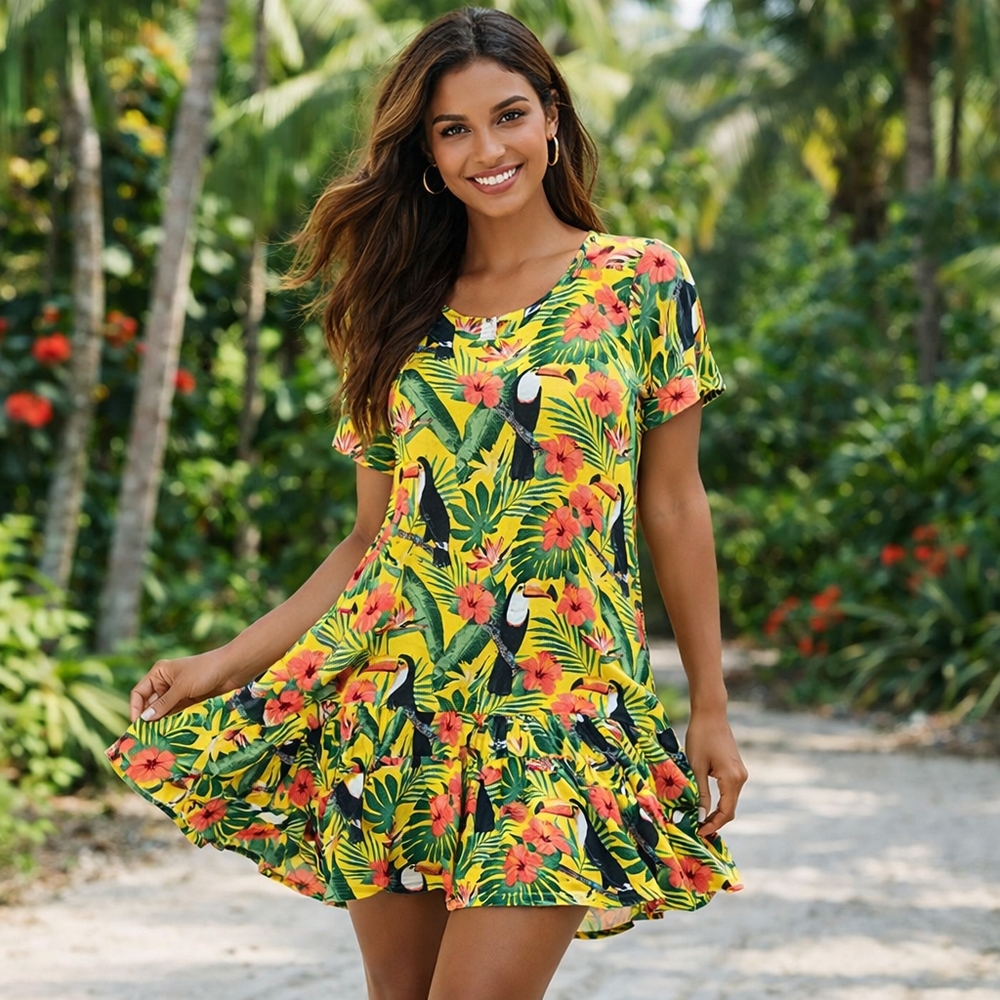 Pink Pineapple 100% Rayon Tropical Floral Toucan Print Dress Ruffle Hem Summer